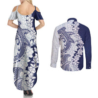 Polynesian Navy Blue Plumeria Lei Couples Matching Summer Maxi Dress and Long Sleeve Button Shirt with Hammerhead Shark