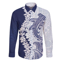 Polynesian Navy Blue Plumeria Lei Family Matching Tank Maxi Dress and Hawaiian Shirt with Hammerhead Shark LT7 Dad's Shirt - Long Sleeve Navy Blue - Polynesian Pride