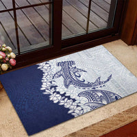 Polynesian Navy Blue Plumeria Lei Rubber Doormat with Hammerhead Shark