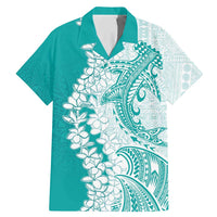 Polynesian Teal Plumeria Lei Family Matching Mermaid Dress and Hawaiian Shirt with Hammerhead Shark LT7 Dad's Shirt - Short Sleeve Teal - Polynesian Pride