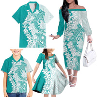 Polynesian Teal Plumeria Lei Family Matching Off The Shoulder Long Sleeve Dress and Hawaiian Shirt with Hammerhead Shark LT7 - Polynesian Pride