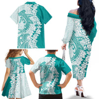 Polynesian Teal Plumeria Lei Family Matching Off The Shoulder Long Sleeve Dress and Hawaiian Shirt with Hammerhead Shark LT7 - Polynesian Pride