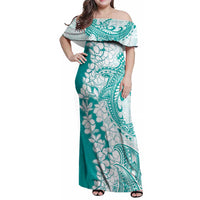 Polynesian Teal Plumeria Lei Family Matching Off Shoulder Maxi Dress and Hawaiian Shirt with Hammerhead Shark LT7 Mom's Dress Teal - Polynesian Pride
