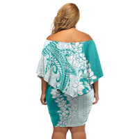Polynesian Teal Plumeria Lei Family Matching Off Shoulder Short Dress and Hawaiian Shirt with Hammerhead Shark LT7 - Polynesian Pride