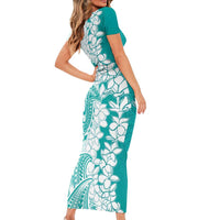 Polynesian Teal Plumeria Lei Family Matching Short Sleeve Bodycon Dress and Hawaiian Shirt with Hammerhead Shark LT7 - Polynesian Pride