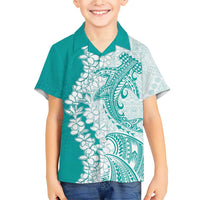 Polynesian Teal Plumeria Lei Family Matching Short Sleeve Bodycon Dress and Hawaiian Shirt with Hammerhead Shark LT7 Son's Shirt Teal - Polynesian Pride