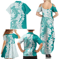 Polynesian Teal Plumeria Lei Family Matching Summer Maxi Dress and Hawaiian Shirt with Hammerhead Shark LT7 - Polynesian Pride