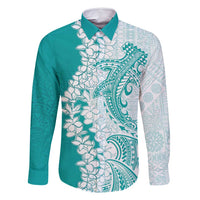 Polynesian Teal Plumeria Lei Family Matching Summer Maxi Dress and Hawaiian Shirt with Hammerhead Shark LT7 Dad's Shirt - Long Sleeve Teal - Polynesian Pride