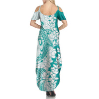 Polynesian Teal Plumeria Lei Family Matching Summer Maxi Dress and Hawaiian Shirt with Hammerhead Shark LT7 - Polynesian Pride