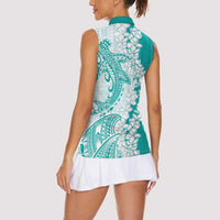 Polynesian Teal Plumeria Lei Women Sleeveless Polo Shirt with Hammerhead Shark