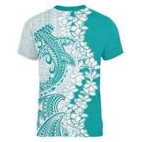 Polynesian Teal Plumeria Lei Women V-Neck T-Shirt with Hammerhead Shark