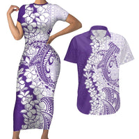 Polynesian Purple Plumeria Lei Couples Matching Short Sleeve Bodycon Dress and Hawaiian Shirt with Hammerhead Shark LT7 Purple - Polynesian Pride
