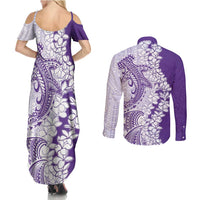 Polynesian Purple Plumeria Lei Couples Matching Summer Maxi Dress and Long Sleeve Button Shirt with Hammerhead Shark