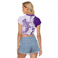 Polynesian Purple Plumeria Lei Raglan Cropped T Shirt with Hammerhead Shark