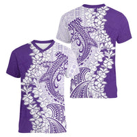 Polynesian Purple Plumeria Lei Women V-Neck T-Shirt with Hammerhead Shark