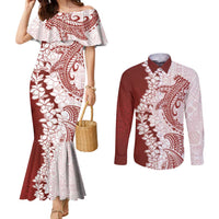 Polynesian Crimson Plumeria Lei Couples Matching Mermaid Dress and Long Sleeve Button Shirt with Hammerhead Shark