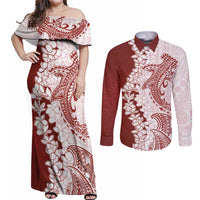 Polynesian Crimson Plumeria Lei Couples Matching Off Shoulder Maxi Dress and Long Sleeve Button Shirt with Hammerhead Shark