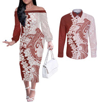 Polynesian Crimson Plumeria Lei Couples Matching Off The Shoulder Long Sleeve Dress and Long Sleeve Button Shirt with Hammerhead Shark