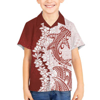Polynesian Crimson Plumeria Lei Family Matching Summer Maxi Dress and Hawaiian Shirt with Hammerhead Shark LT7 Son's Shirt Red - Polynesian Pride