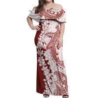 Polynesian Crimson Plumeria Lei Off Shoulder Maxi Dress with Hammerhead Shark LT7 Women Red - Polynesian Pride