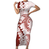Polynesian Crimson Plumeria Lei Short Sleeve Bodycon Dress with Hammerhead Shark