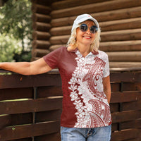 Polynesian Crimson Plumeria Lei Women Polo Shirt with Hammerhead Shark