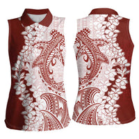 Polynesian Crimson Plumeria Lei Women Sleeveless Polo Shirt with Hammerhead Shark