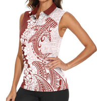 Polynesian Crimson Plumeria Lei Women Sleeveless Polo Shirt with Hammerhead Shark