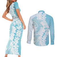 Polynesian Turquoise Plumeria Lei Couples Matching Short Sleeve Bodycon Dress and Long Sleeve Button Shirt with Hammerhead Shark