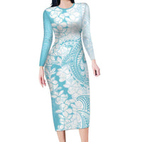 Polynesian Turquoise Plumeria Lei Family Matching Long Sleeve Bodycon Dress and Hawaiian Shirt with Hammerhead Shark LT7 Mom's Dress Turquoise - Polynesian Pride