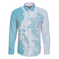Polynesian Turquoise Plumeria Lei Family Matching Mermaid Dress and Hawaiian Shirt with Hammerhead Shark LT7 Dad's Shirt - Long Sleeve Turquoise - Polynesian Pride
