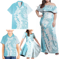 Polynesian Turquoise Plumeria Lei Family Matching Off Shoulder Maxi Dress and Hawaiian Shirt with Hammerhead Shark LT7 - Polynesian Pride