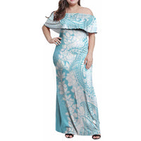 Polynesian Turquoise Plumeria Lei Family Matching Off Shoulder Maxi Dress and Hawaiian Shirt with Hammerhead Shark LT7 Mom's Dress Turquoise - Polynesian Pride