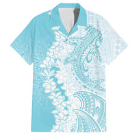 Polynesian Turquoise Plumeria Lei Family Matching Off Shoulder Short Dress and Hawaiian Shirt with Hammerhead Shark LT7 Dad's Shirt - Short Sleeve Turquoise - Polynesian Pride