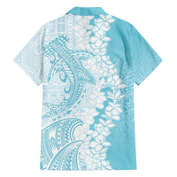Polynesian Turquoise Plumeria Lei Family Matching Off Shoulder Short Dress and Hawaiian Shirt with Hammerhead Shark LT7 - Polynesian Pride