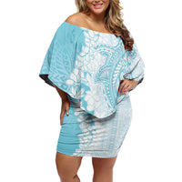 Polynesian Turquoise Plumeria Lei Family Matching Off Shoulder Short Dress and Hawaiian Shirt with Hammerhead Shark LT7 Mom's Dress Turquoise - Polynesian Pride