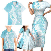 Polynesian Turquoise Plumeria Lei Family Matching Short Sleeve Bodycon Dress and Hawaiian Shirt with Hammerhead Shark LT7 - Polynesian Pride