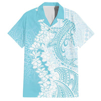 Polynesian Turquoise Plumeria Lei Family Matching Short Sleeve Bodycon Dress and Hawaiian Shirt with Hammerhead Shark LT7 Dad's Shirt - Short Sleeve Turquoise - Polynesian Pride