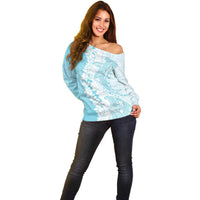 Polynesian Turquoise Plumeria Lei Off Shoulder Sweater with Hammerhead Shark LT7 - Polynesian Pride
