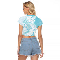 Polynesian Turquoise Plumeria Lei Raglan Cropped T Shirt with Hammerhead Shark