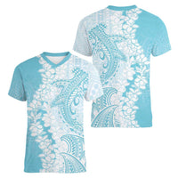 Polynesian Turquoise Plumeria Lei Women V-Neck T-Shirt with Hammerhead Shark