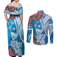 Hafa Adai Guam Couples Matching Off Shoulder Maxi Dress and Long Sleeve Button Shirt Crystal Waves LT7 - Polynesian Pride