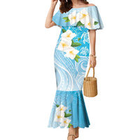 Personalized Guam Chamorro Family Matching Mermaid Dress and Hawaiian Shirt Turtles and Guasali Flowers LT7 Mom's Dress Turquoise - Polynesian Pride