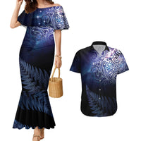 New Zealand Aotearoa Matariki Couples Matching Mermaid Dress and Hawaiian Shirt Starry Silver Fern LT7 Galaxy - Polynesian Pride