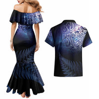 New Zealand Aotearoa Matariki Couples Matching Mermaid Dress and Hawaiian Shirt Starry Silver Fern LT7 - Polynesian Pride