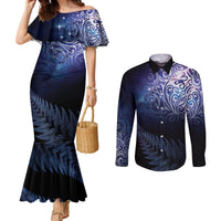 New Zealand Aotearoa Matariki Couples Matching Mermaid Dress and Long Sleeve Button Shirt Starry Silver Fern LT7 Galaxy - Polynesian Pride