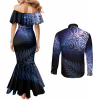 New Zealand Aotearoa Matariki Couples Matching Mermaid Dress and Long Sleeve Button Shirt Starry Silver Fern LT7 - Polynesian Pride
