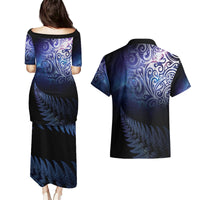 New Zealand Aotearoa Matariki Couples Matching Puletasi and Hawaiian Shirt Starry Silver Fern LT7 - Polynesian Pride