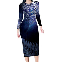 New Zealand Aotearoa Matariki Family Matching Long Sleeve Bodycon Dress and Hawaiian Shirt Starry Silver Fern LT7 Mom's Dress Galaxy - Polynesian Pride