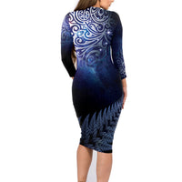 New Zealand Aotearoa Matariki Family Matching Long Sleeve Bodycon Dress and Hawaiian Shirt Starry Silver Fern LT7 - Polynesian Pride